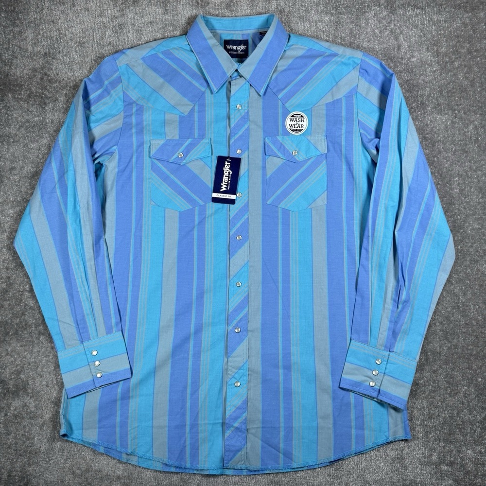 NWT Wrangler Shirt Men's XLT Blue Purple Striped Pearl Snap Classic Fit Western